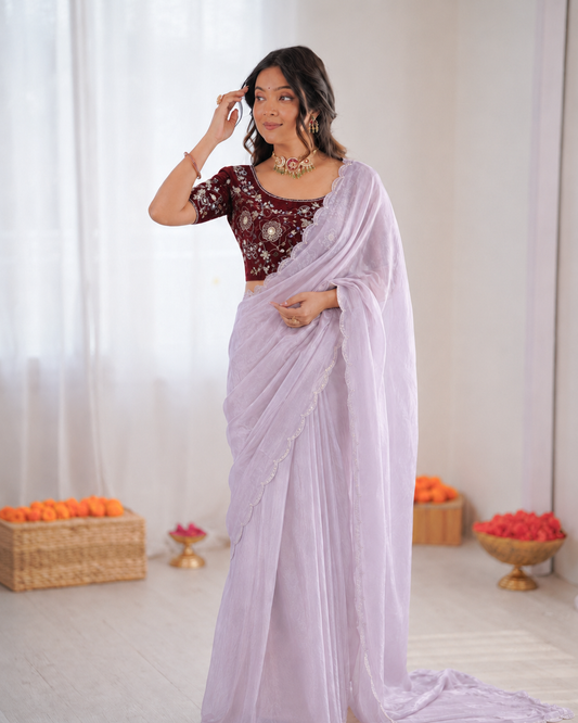 Beautiful Soft Rich Fendy Satin Silk With Hand Cutdana Moti Work Saree