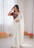 Beautiful Soft Rich Fendy Satin Silk With Hand Cutdana Moti Work Saree