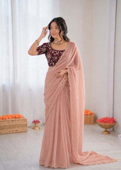 Beautiful Soft Rich Fendy Satin Silk With Hand Cutdana Moti Work Saree