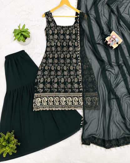 Beautiful Soft Rich Faux Georgette With Embroidery Work Kurti Plazzo Set