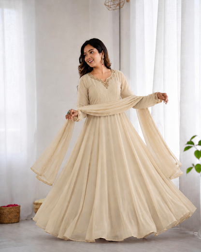Beautiful Soft Rich Heavy Fox Georgette With Hand Work Gown Set