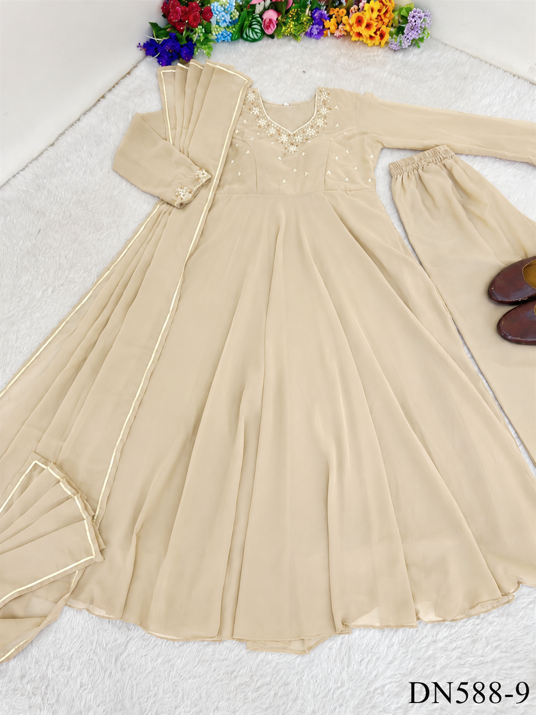 Beautiful Soft Rich Heavy Fox Georgette With Hand Work Gown Set