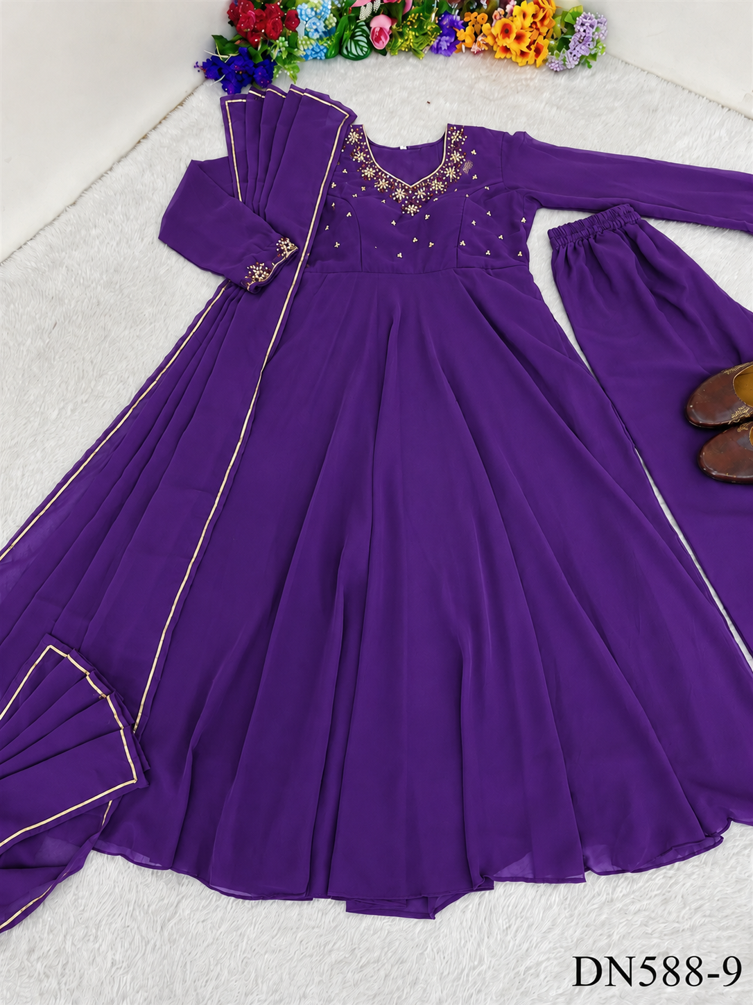 Beautiful Soft Rich Heavy Fox Georgette With Hand Work Gown Set