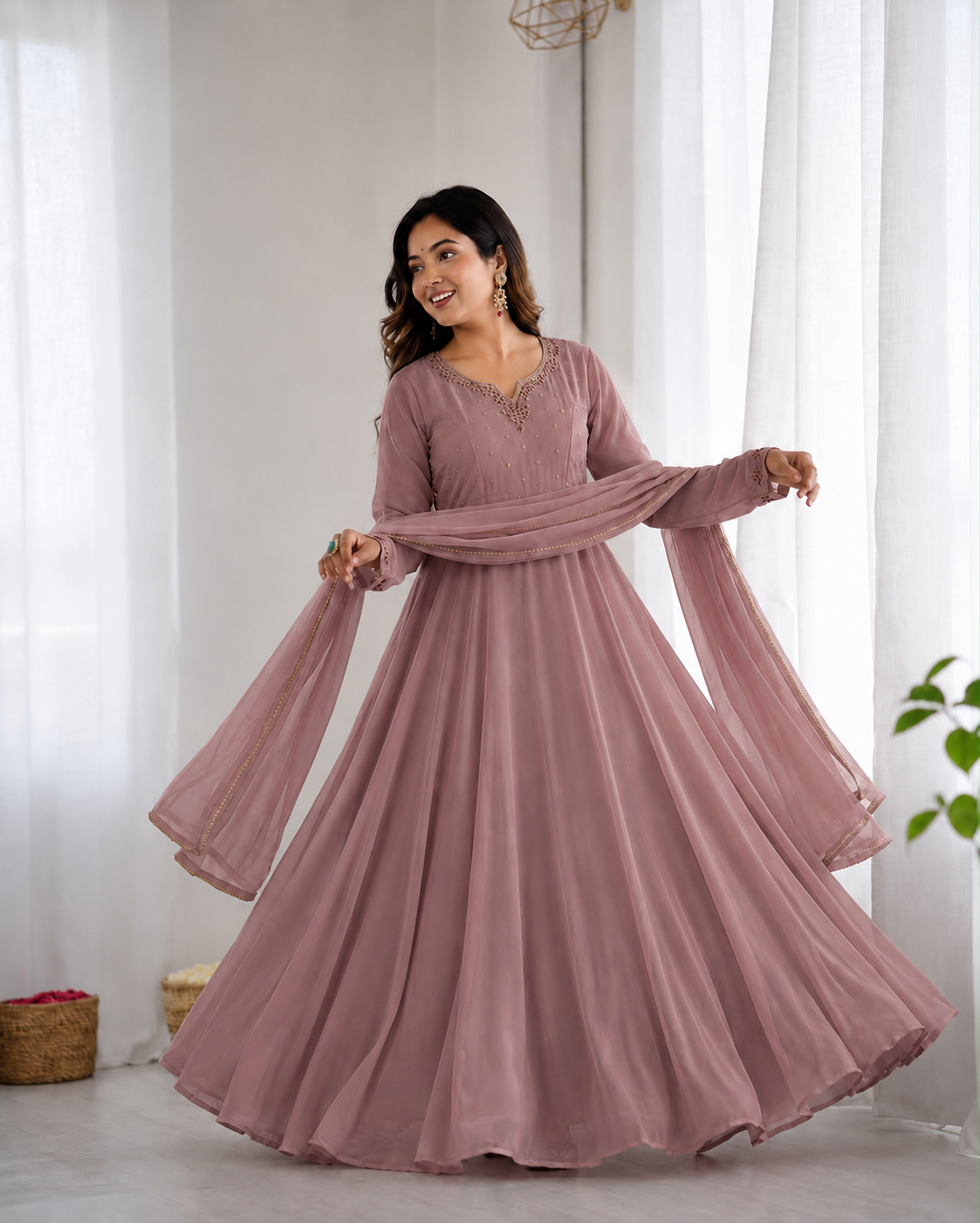 Beautiful Soft Rich Heavy Fox Georgette With Hand Work Gown Set