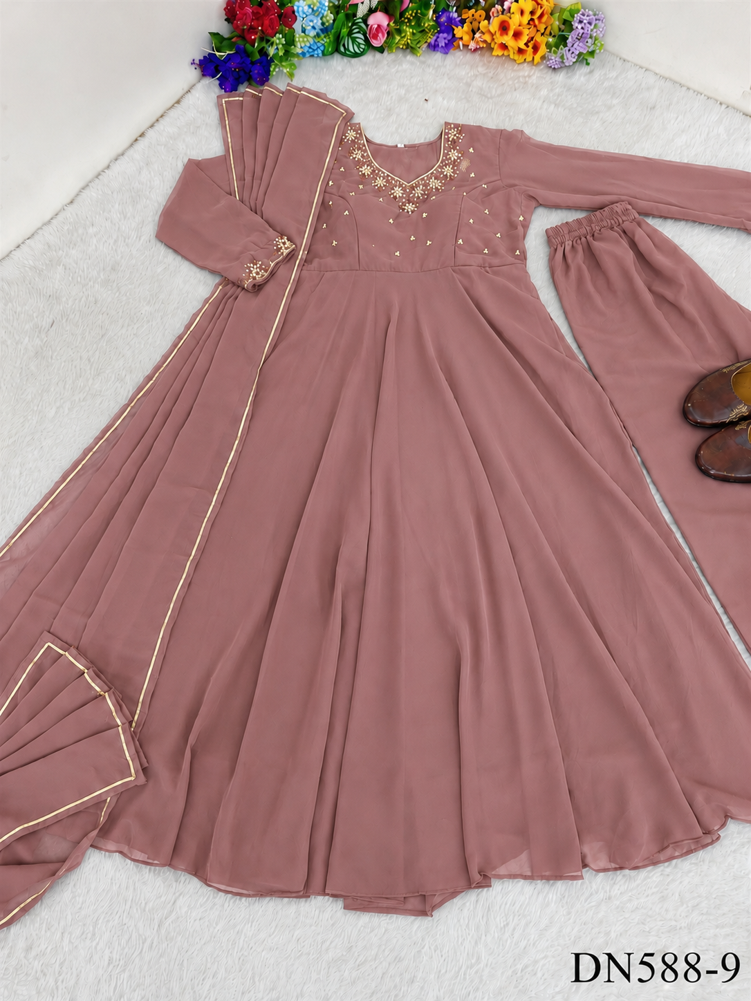 Beautiful Soft Rich Heavy Fox Georgette With Hand Work Gown Set