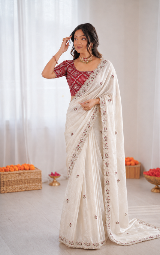 Beautiful Soft Rich Cream Shimmer Silk With Embroidery Work Saree