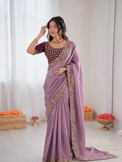 Beautiful Soft Rich Fendy Satin Silk With Embroidery Work Saree