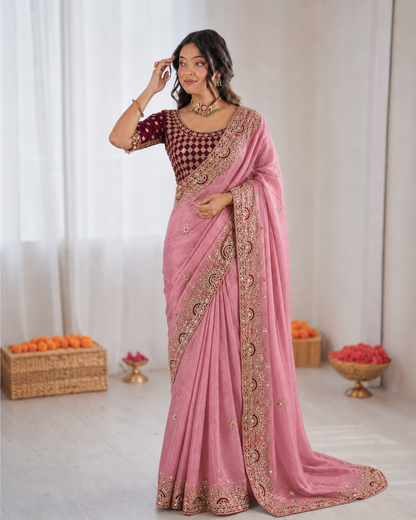 Beautiful Soft Rich Fendy Satin Silk With Embroidery Work Saree