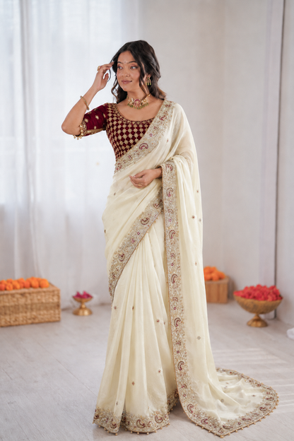 Beautiful Soft Rich Fendy Satin Silk With Embroidery Work Saree