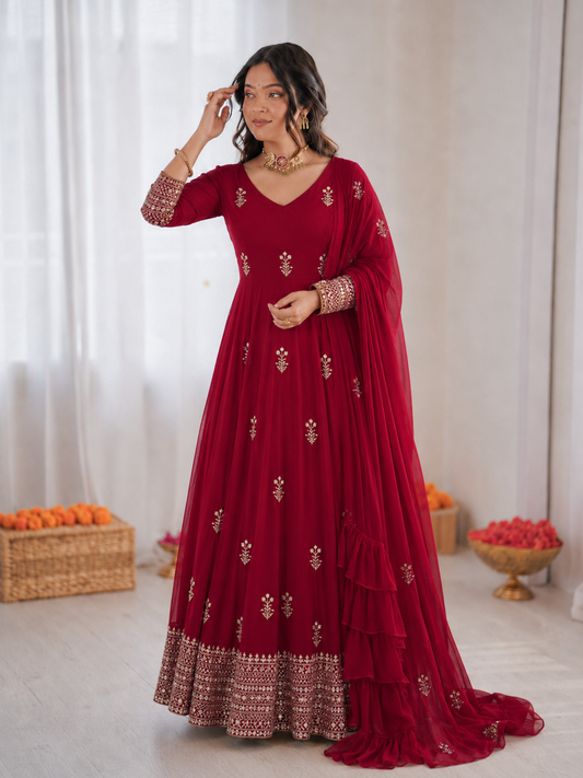 Beautiful Soft Rich Faux Georgette With Thread & Sequence Embroidery Work Anarkali Suit Set