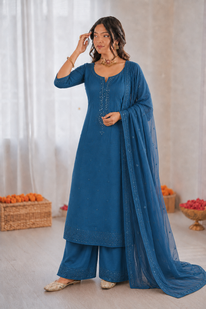 Beautiful Soft Rich Mal Chanderi With Hand Mirror & Sequence Embroidery Work Plazzo Suit