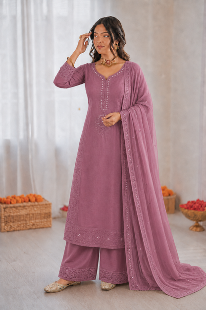 Beautiful Soft Rich Mal Chanderi With Hand Mirror & Sequence Embroidery Work Plazzo Suit