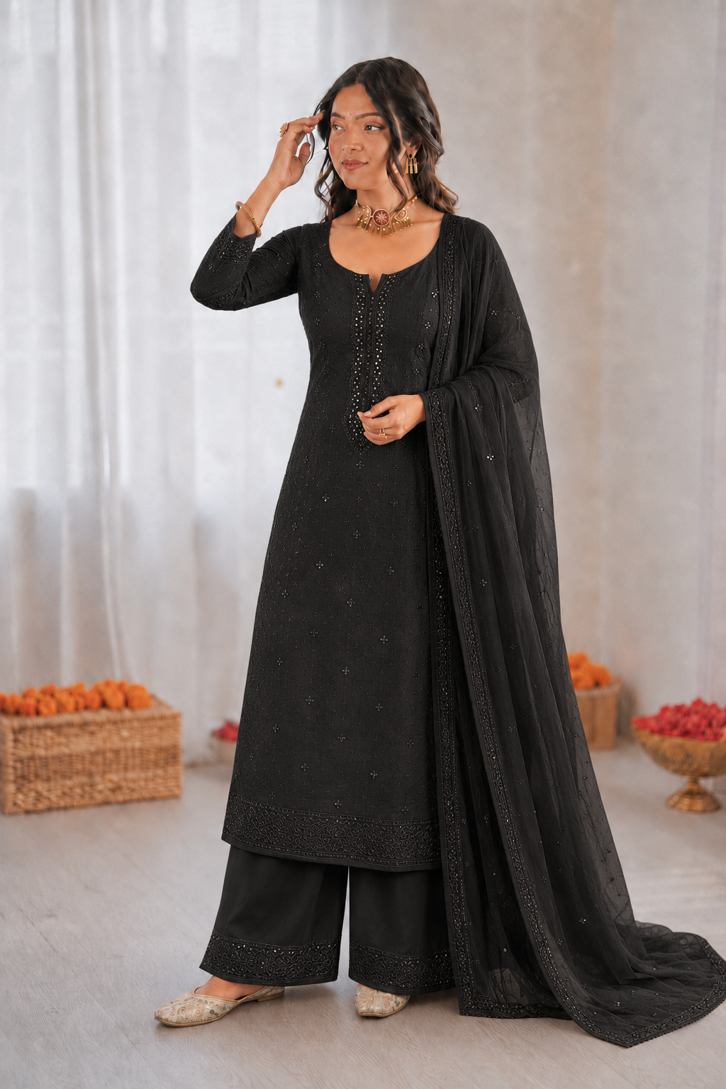 Beautiful Soft Rich Mal Chanderi With Hand Mirror & Sequence Embroidery Work Plazzo Suit