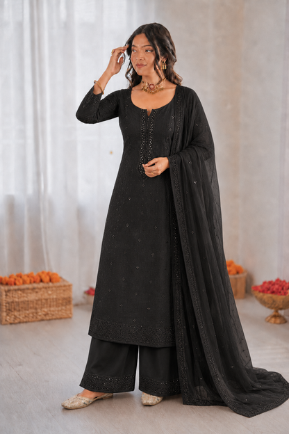 Beautiful Soft Rich Mal Chanderi With Hand Mirror & Sequence Embroidery Work Plazzo Suit