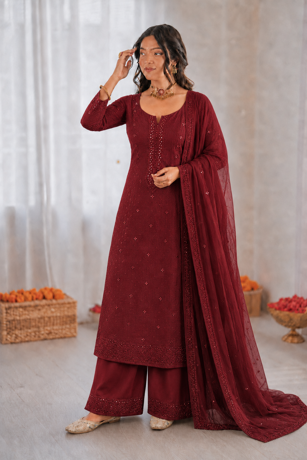 Beautiful Soft Rich Mal Chanderi With Hand Mirror & Sequence Embroidery Work Plazzo Suit
