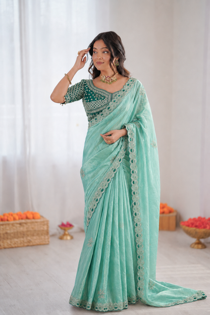 Beautiful Soft Fandy Satin Silk With Lotus Embroidery Work Saree