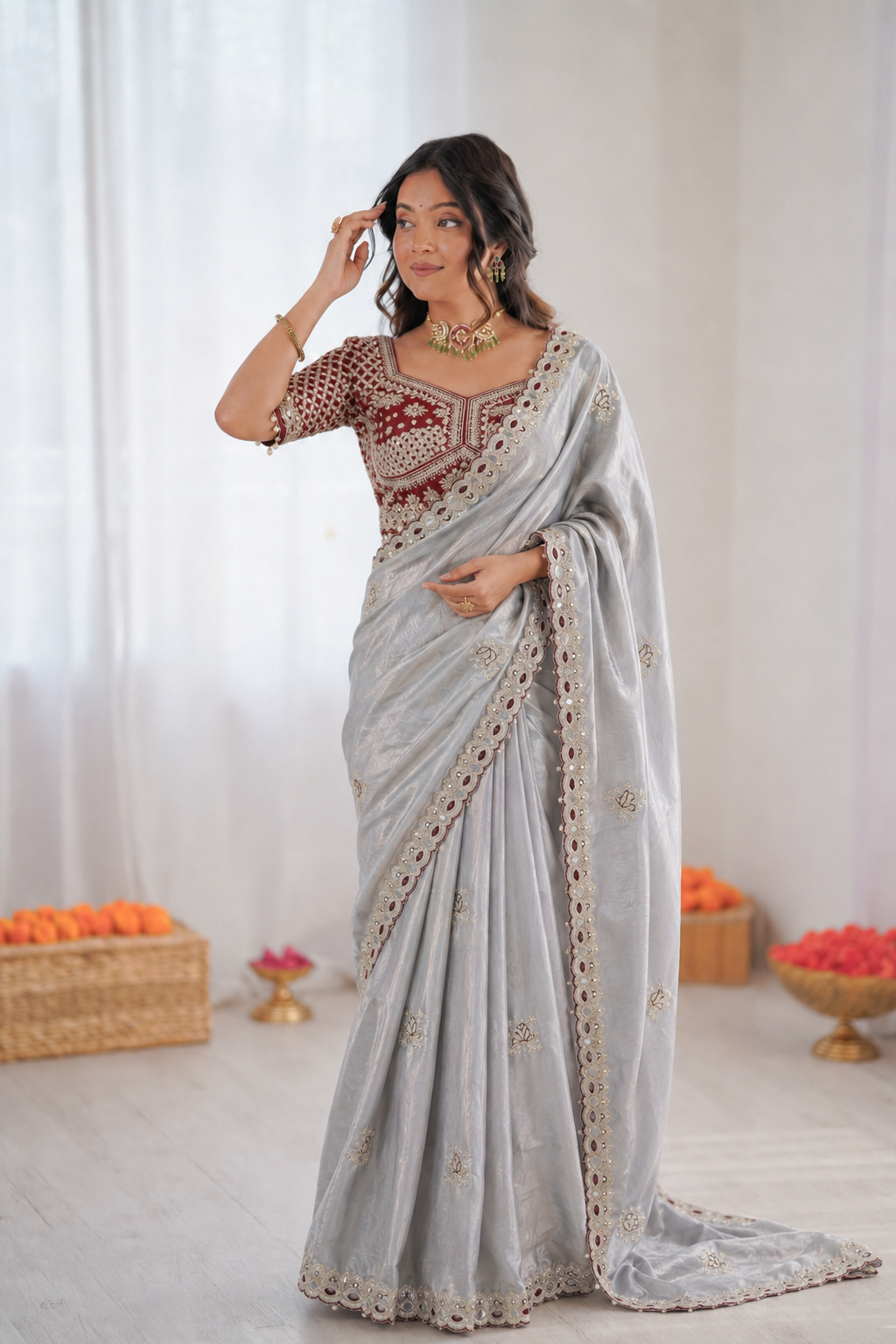Beautiful Soft Fandy Satin Silk With Lotus Embroidery Work Saree