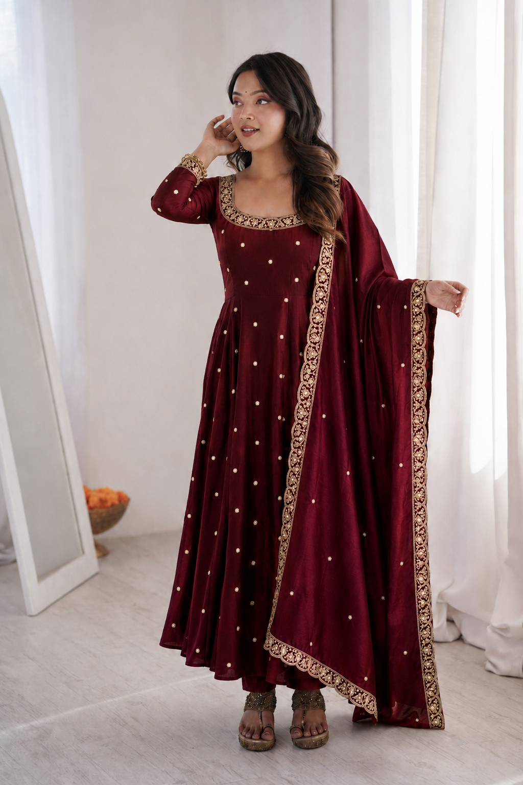 Beautiful Soft Rich Space Silk With Thread & Sequence Embroidery Work Gown