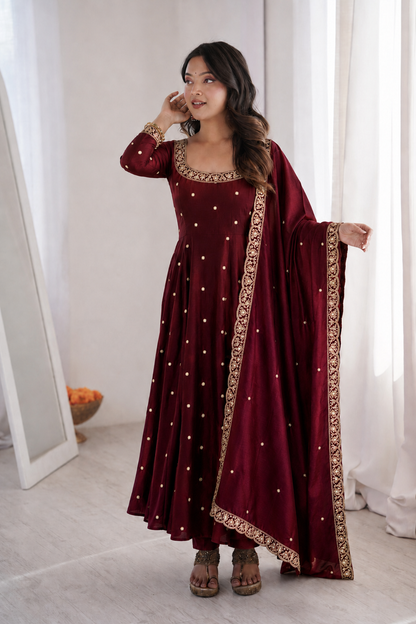 Beautiful Soft Rich Space Silk With Thread & Sequence Embroidery Work Gown
