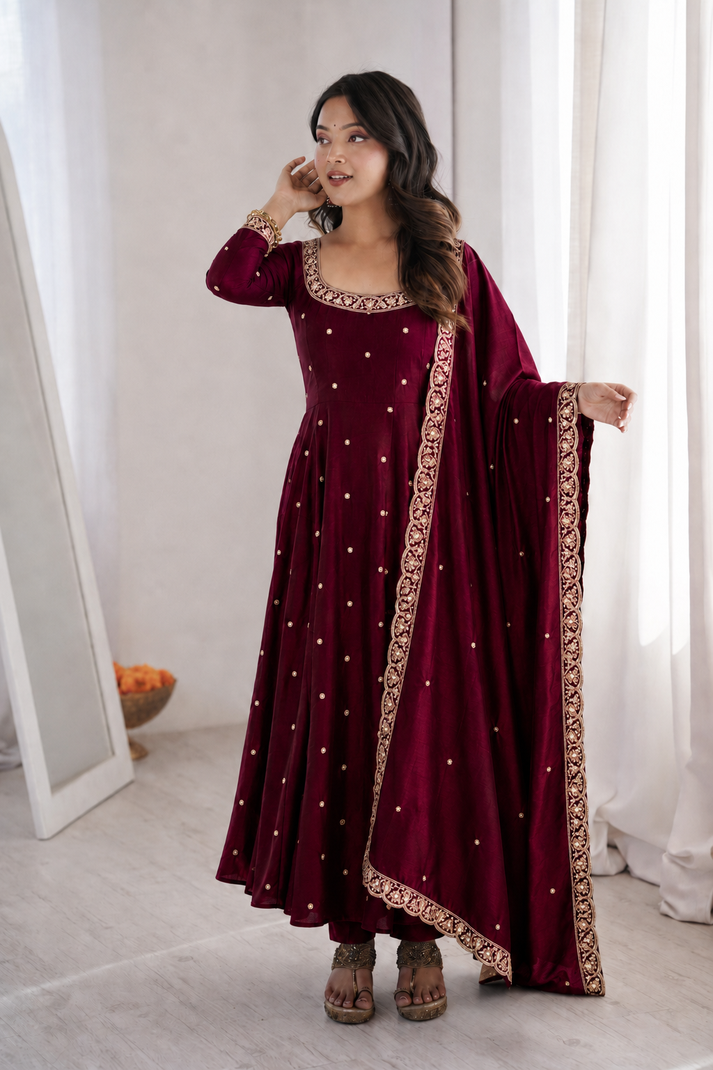 Beautiful Soft Rich Space Silk With Thread & Sequence Embroidery Work Gown