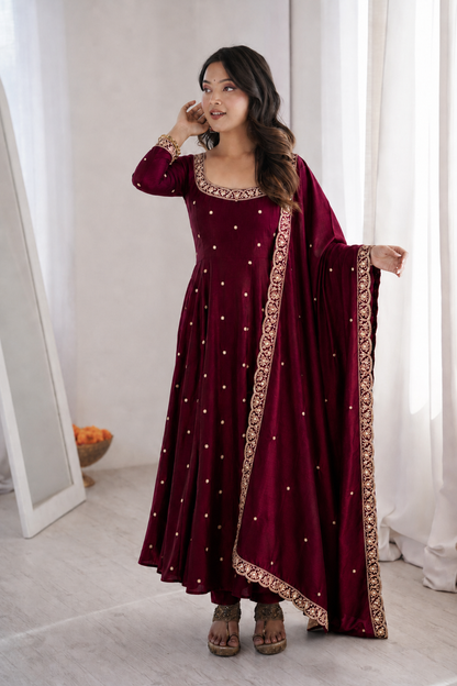 Beautiful Soft Rich Space Silk With Thread & Sequence Embroidery Work Gown
