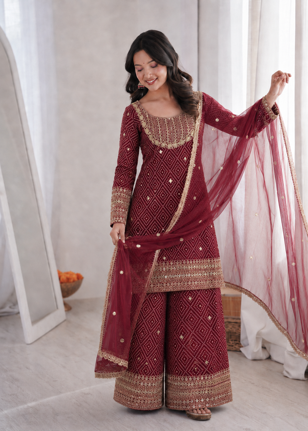 Beautiful Soft Rich Printed French Crepe Kurti Plazzo Set With Embroidery Work