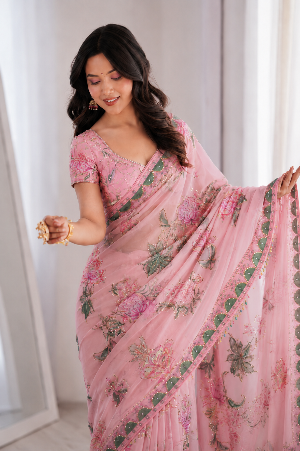 Beautiful Soft Rich Premium Tabby Silk With Sequins & Real Mirror Work Saree
