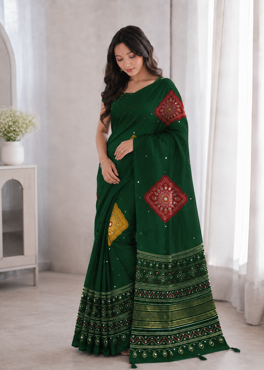 Beautiful Soft Rich Premium Japan Satin Silk With Mirror Work Saree