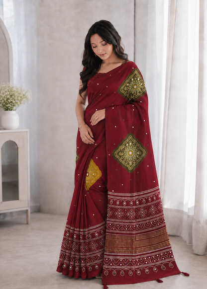 Beautiful Soft Rich Premium Japan Satin Silk With Mirror Work Saree