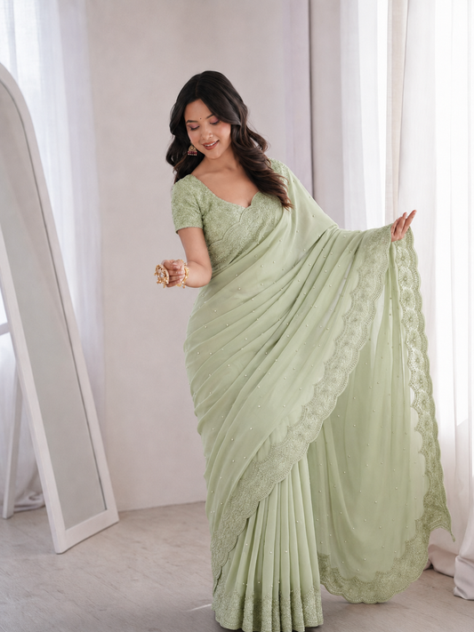 Beautiful Soft Rich Faux Georgette Silk With Embroidery Thread Work Saree