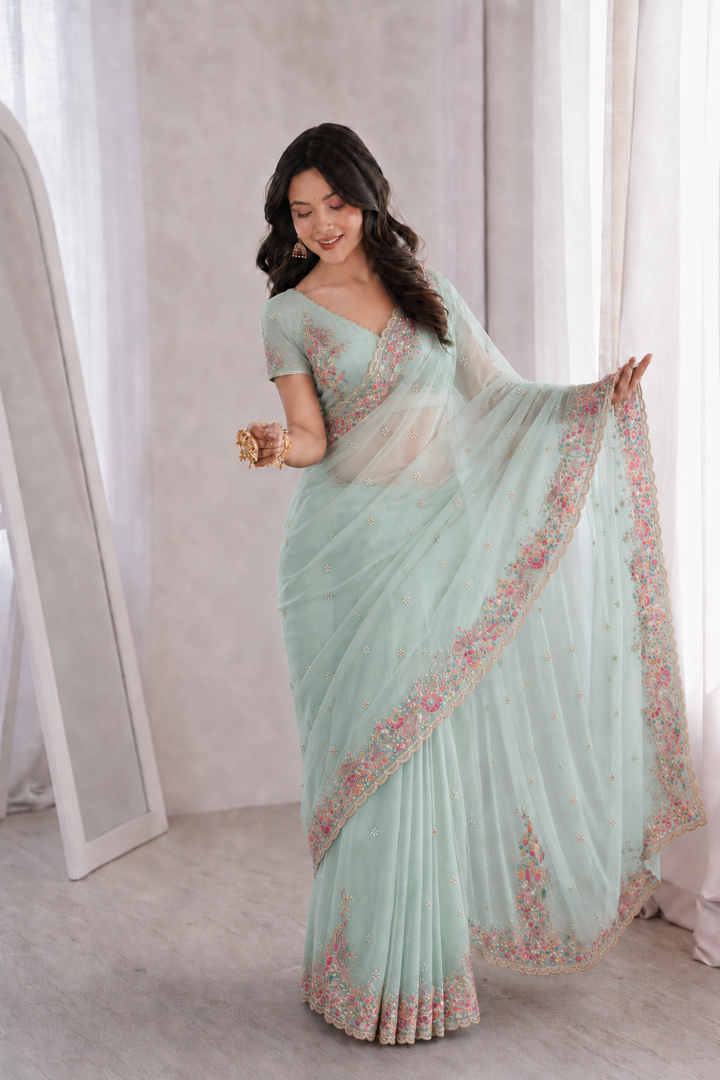 Beautiful Soft Rich Premium Moss Chiffon Silk With Multi-Color Embroidery Work Saree