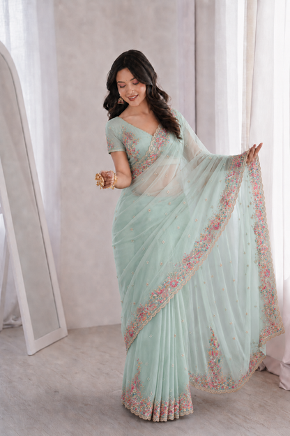 Beautiful Soft Rich Premium Moss Chiffon Silk With Multi-Color Embroidery Work Saree