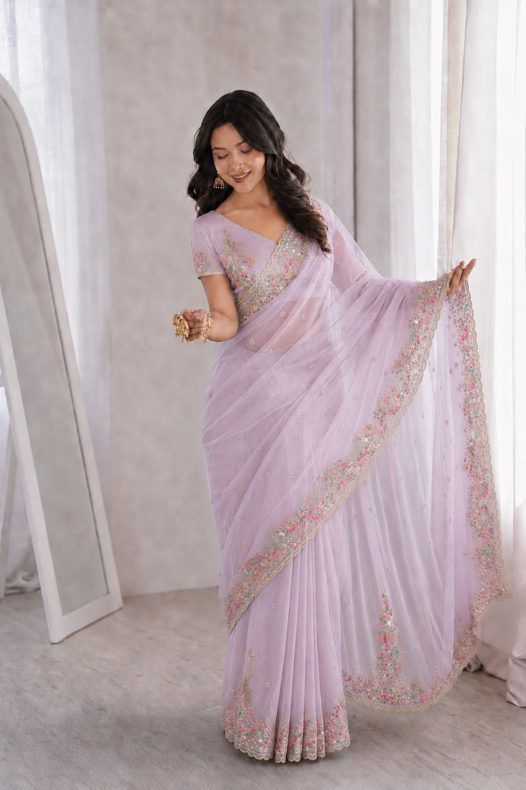 Beautiful Soft Rich Premium Moss Chiffon Silk With Multi-Color Embroidery Work Saree