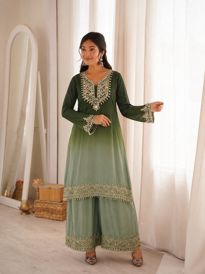 Beautiful Soft Rich 2 Tone Chinon With Hand Embroidery & Real Mirror Work Plazzo Suit Set