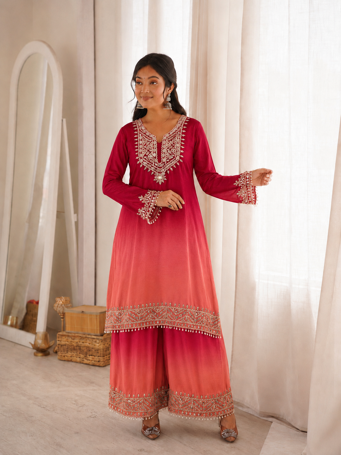 Beautiful Soft Rich 2 Tone Chinon With Hand Embroidery & Real Mirror Work Plazzo Suit Set
