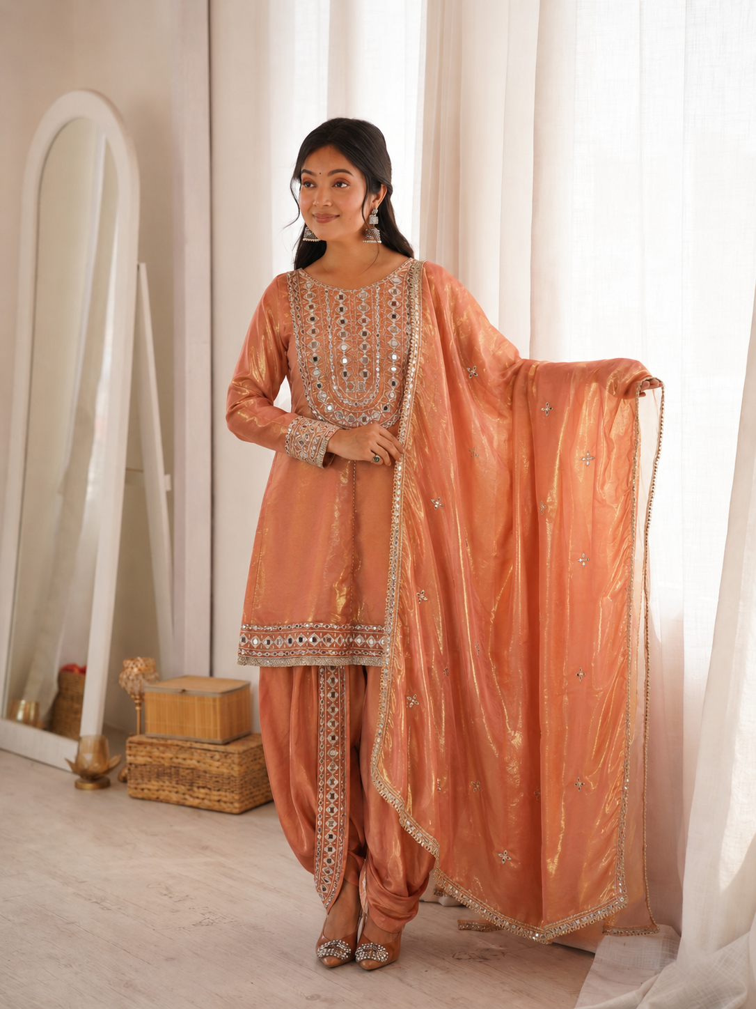 Beautiful Soft Rich Heavy Fendy Silk With Embroidery & Real Mirror Work Dhoti Suit Set