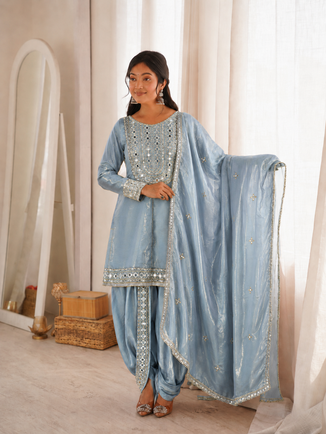 Beautiful Soft Rich Heavy Fendy Silk With Embroidery & Real Mirror Work Dhoti Suit Set