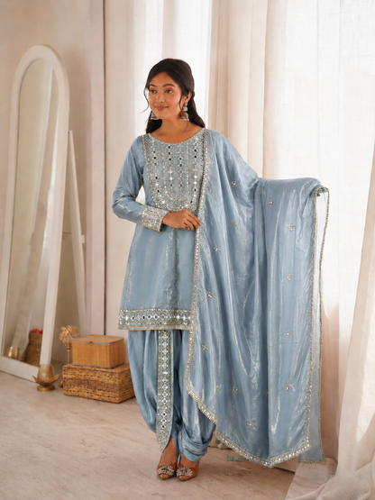 Beautiful Soft Rich Heavy Fendy Silk With Embroidery & Real Mirror Work Dhoti Suit Set
