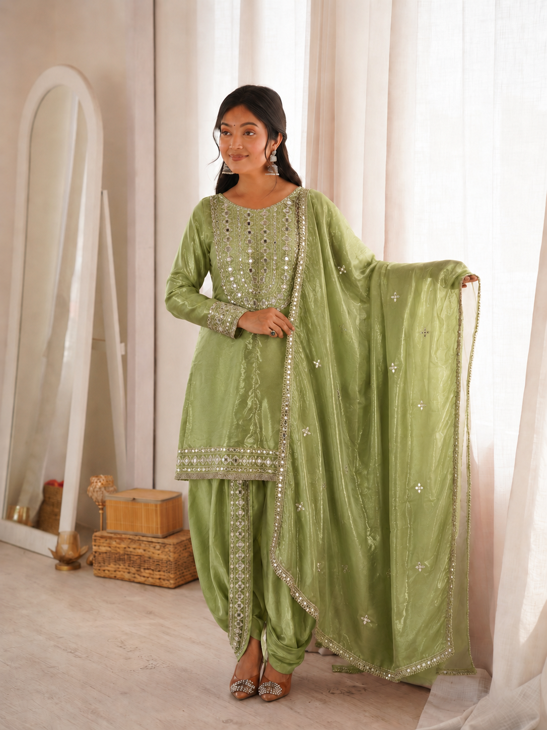Beautiful Soft Rich Heavy Fendy Silk With Embroidery & Real Mirror Work Dhoti Suit Set
