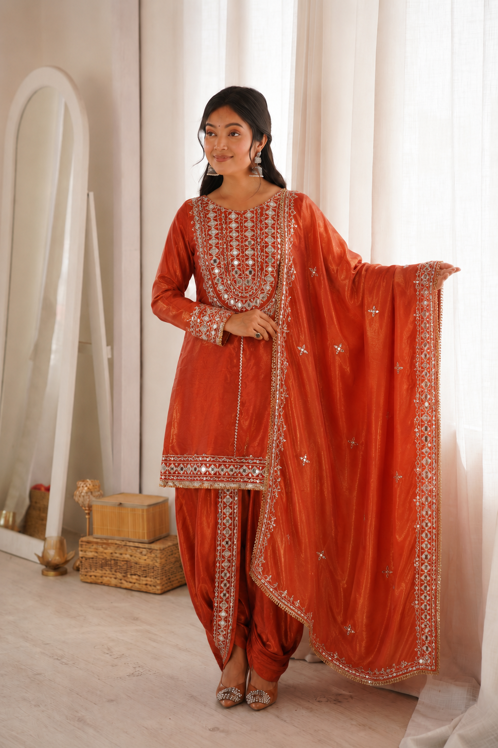 Beautiful Soft Rich Heavy Fendy Silk With Embroidery & Real Mirror Work Dhoti Suit Set