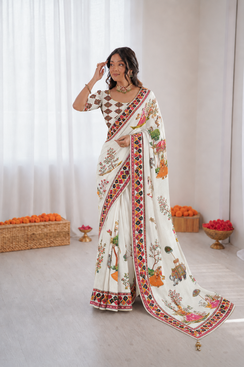 Beautiful Soft Rich Satin Silk With Digital Print & Khatli Work Saree