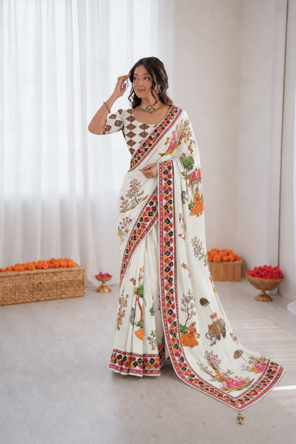 Beautiful Soft Rich Satin Silk With Digital Print & Khatli Work Saree