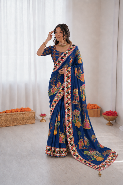 Beautiful Soft Rich Satin Silk With Digital Print & Khatli Work Saree