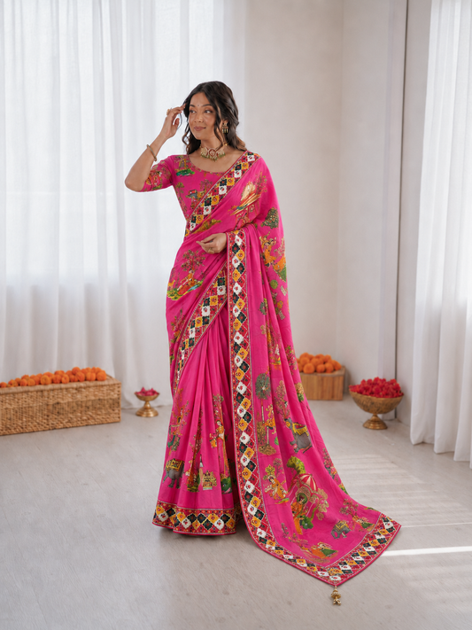 Beautiful Soft Rich Satin Silk With Digital Print & Khatli Work Saree