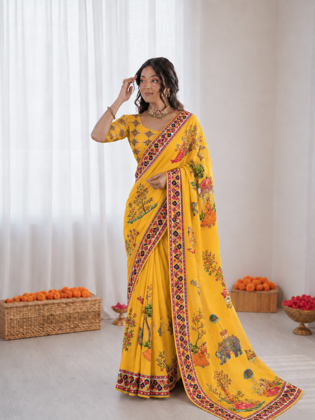Beautiful Soft Rich Satin Silk With Digital Print & Khatli Work Saree