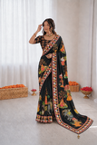 Beautiful Soft Rich Satin Silk With Digital Print & Khatli Work Saree