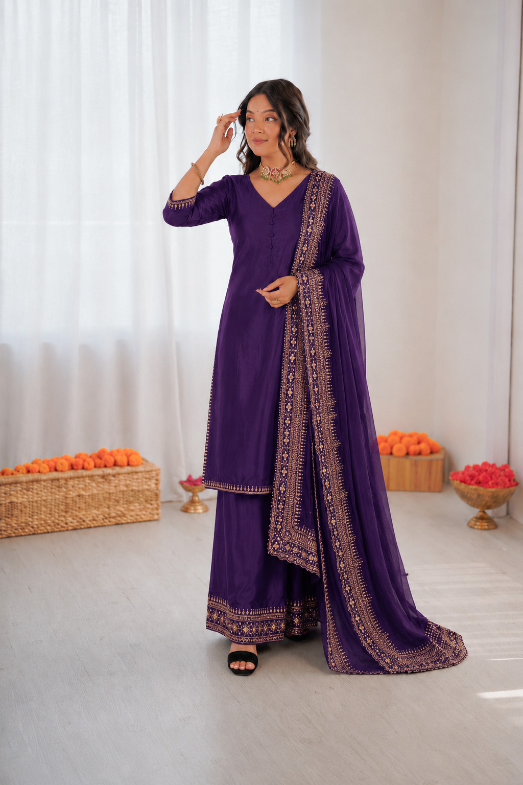 Beautiful Soft Rich Natural Crepe Silk With Heavy Sequence Embroidery Zari & Moti Work Suit Set