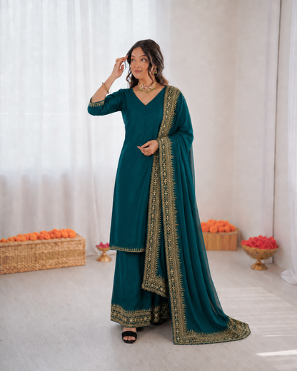 Beautiful Soft Rich Natural Crepe Silk With Heavy Sequence Embroidery Zari & Moti Work Suit Set