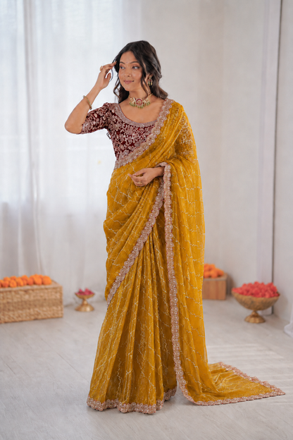 Beautiful Soft Rich Premium Space Silk With Thread & Sequence Embroidery Work Saree