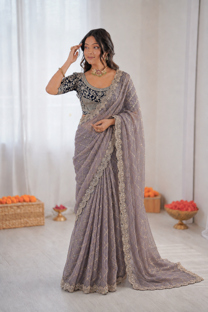 Beautiful Soft Rich Premium Space Silk With Thread & Sequence Embroidery Work Saree